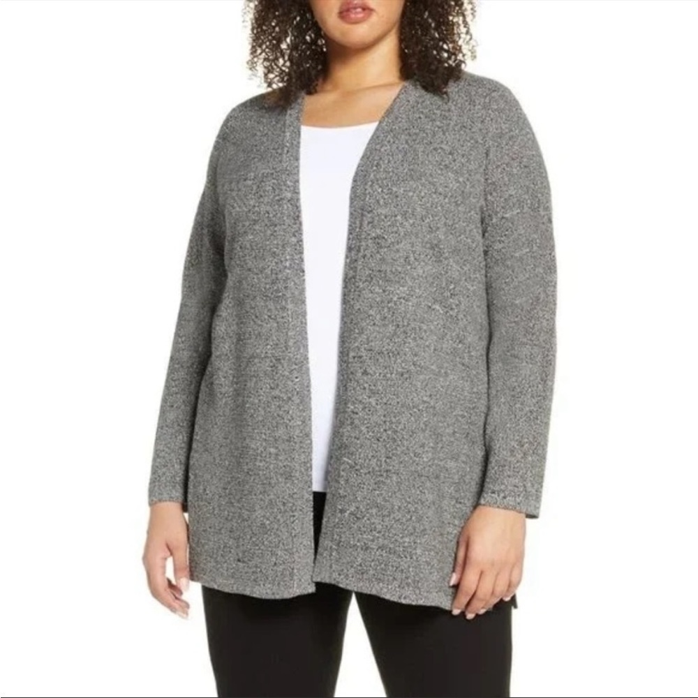 Eileen Fisher Open Front Cardigan Organic‎ Linen Wool Marled Large
